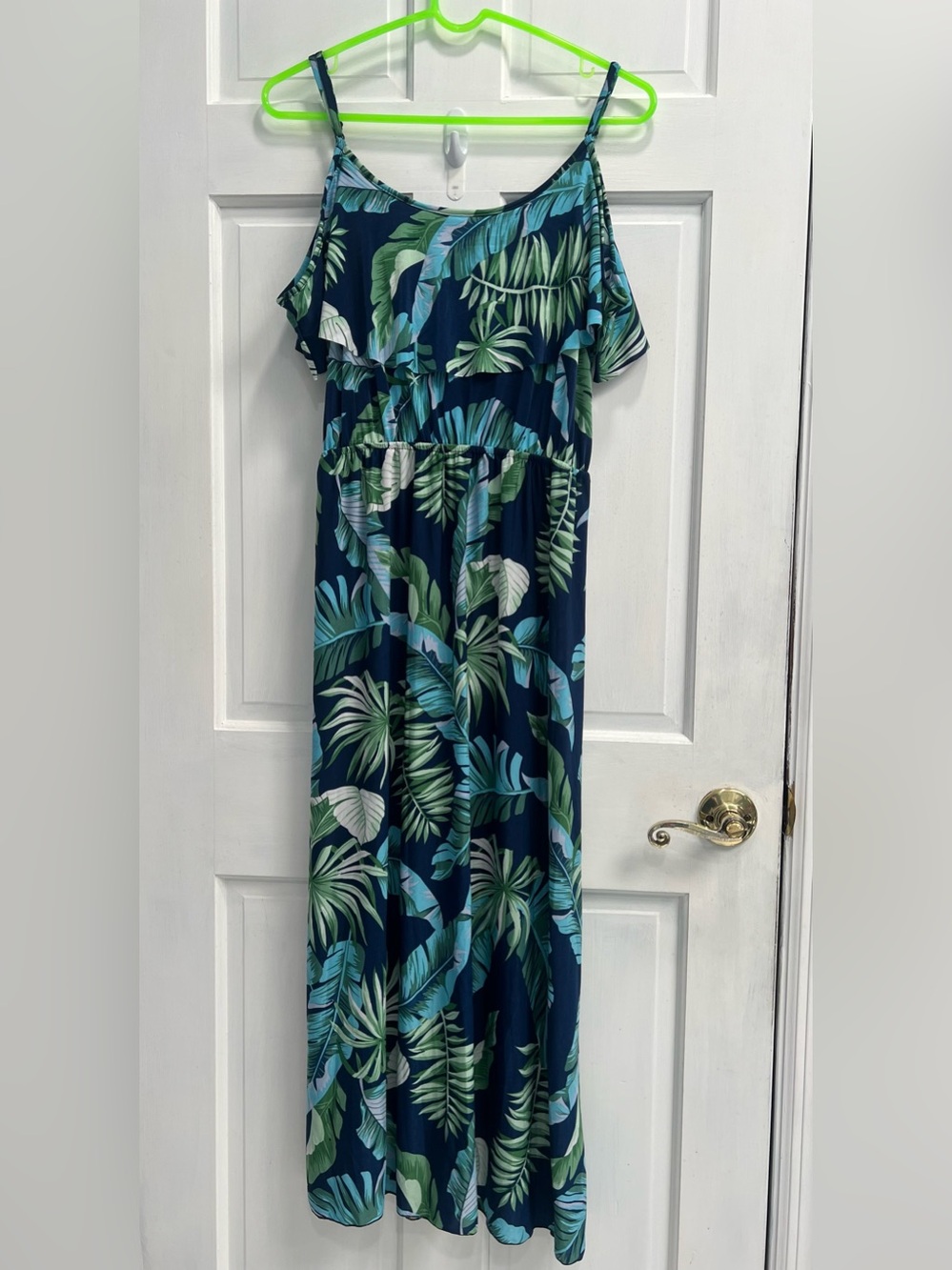 UNBRANDED Blue Green Palm Print Maxi Cold Shoulder Dress SIZE LARGE Pre Loved